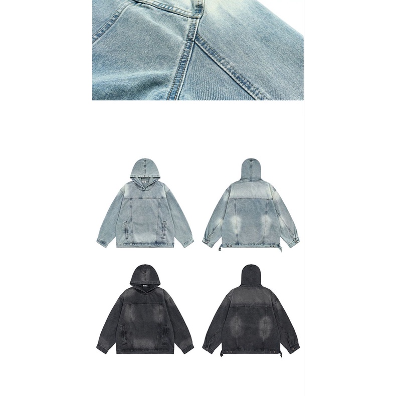 Áo Khoác denim Có Mũ Trùm Dài Tay Dáng Rộng Màu Sắc Đơn Giản Phong Cách Hồng Kông unisex zyq150