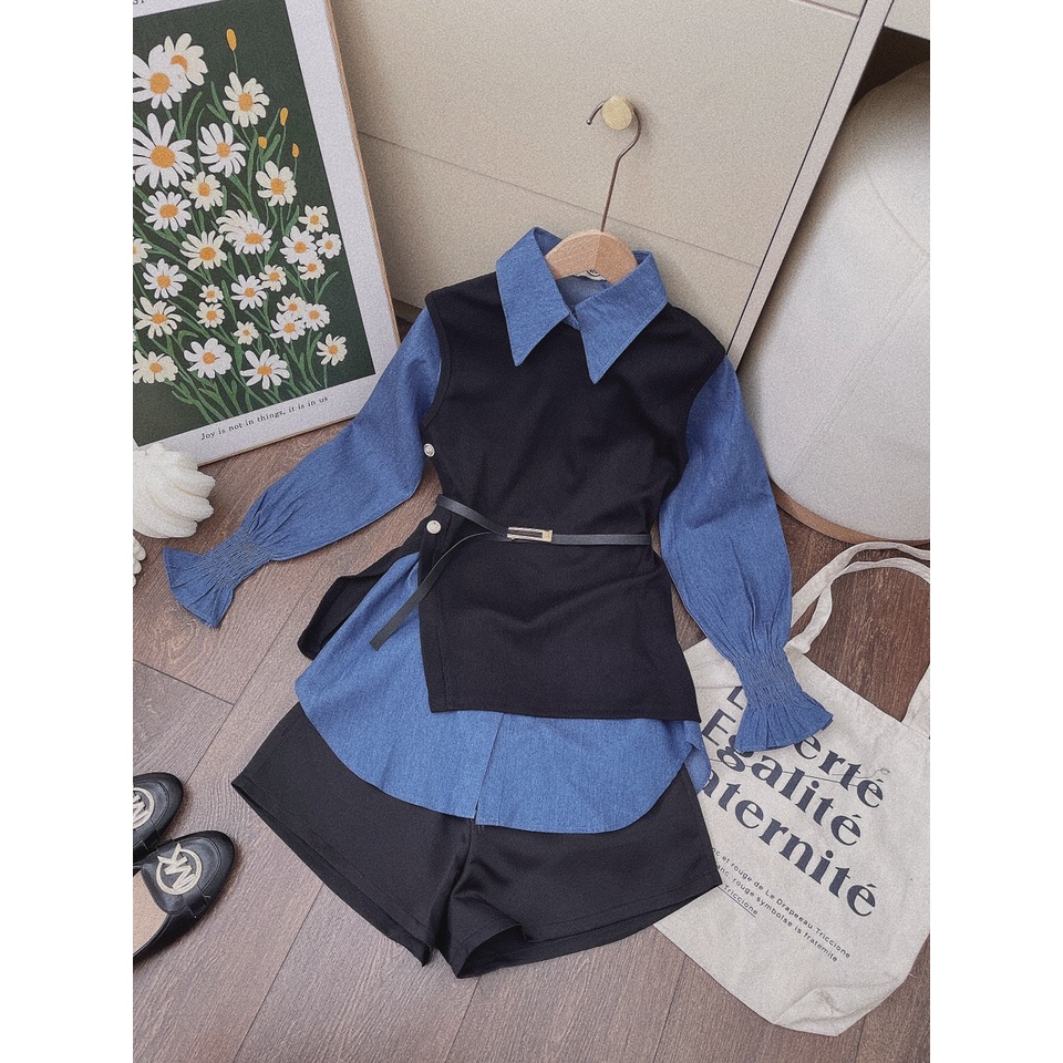 Set sơmi jean xanh kèm gile +quần short đen kèm belt