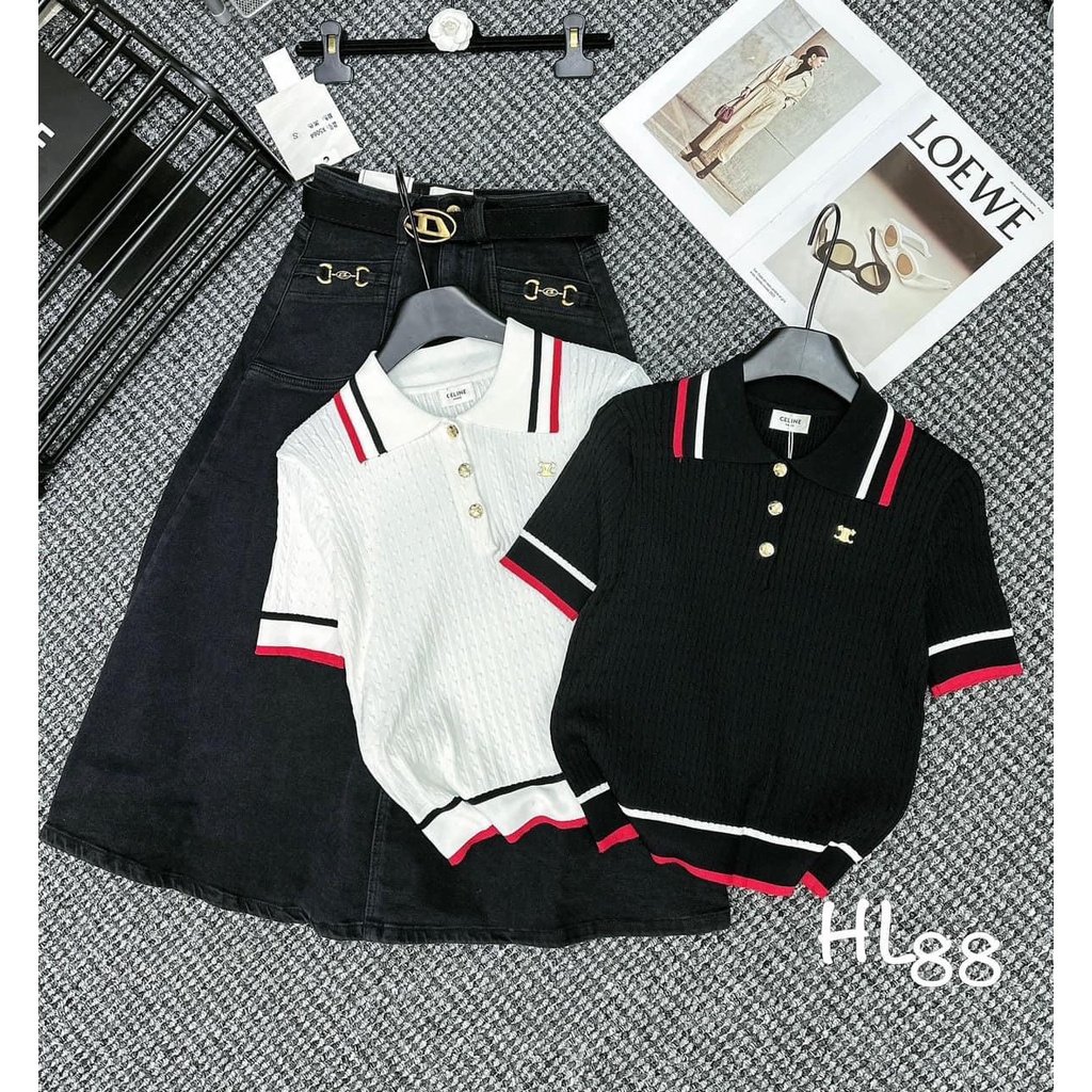 Áo len ngắn tay cổ polo viền đen đỏ , áo len kèm tag cn nữ