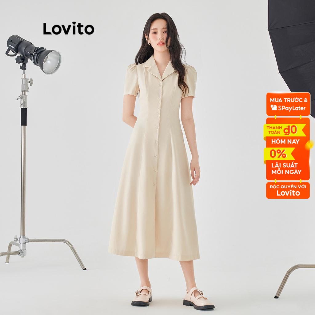 Đầm Lovito cơ bản phối nút màu trơn thường ngày cho nữ L49AD068 (Màu trắng nhạt)