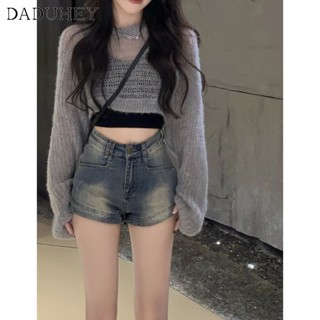  Quần short jean denim DADUHEY size lớn ôm vừa vặn cạp cao thời trang retro đường phố cao cấp kiểu Mỹ cho nữ 
