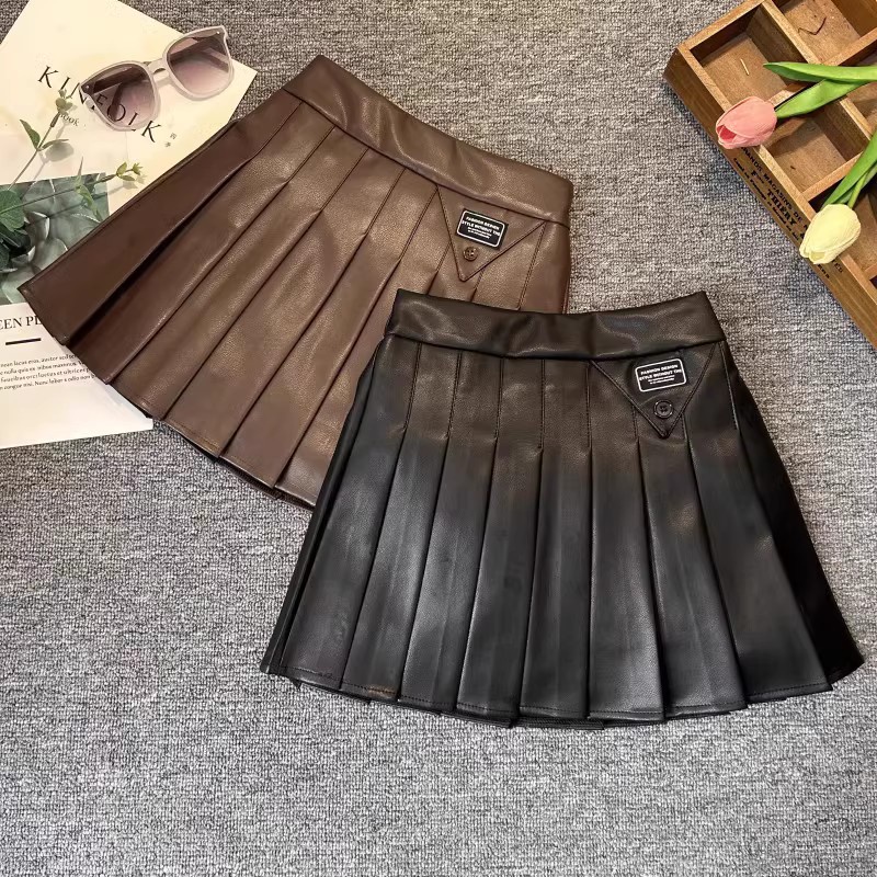 Chân Váy Da pu Ngắn Xếp Ly Màu Trơn Thời Trang Thu Đông Cho Bé Gái