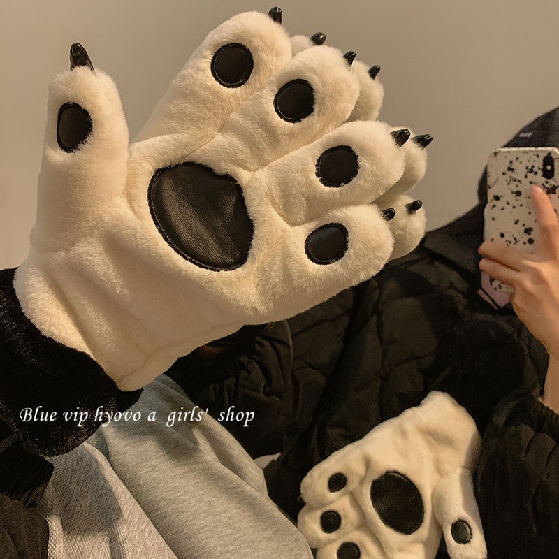 Găng Tay Lông Cừu Dày Giữ Ấm Mùa Đông Hình Chân Gấu Nhỏ Cho Cặp Đôi Đi Xe Đạp