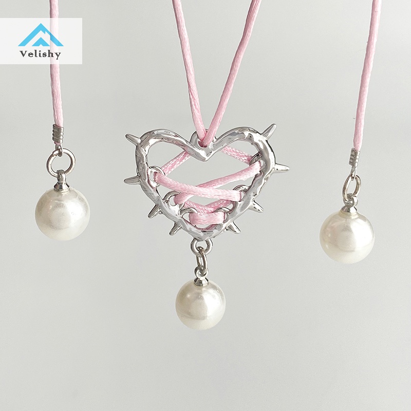 Velishy Vòng cổ Mặt Trái Tim Đính Ngọc Trai Và Ruy Băng Thời Trang Cho Nữ