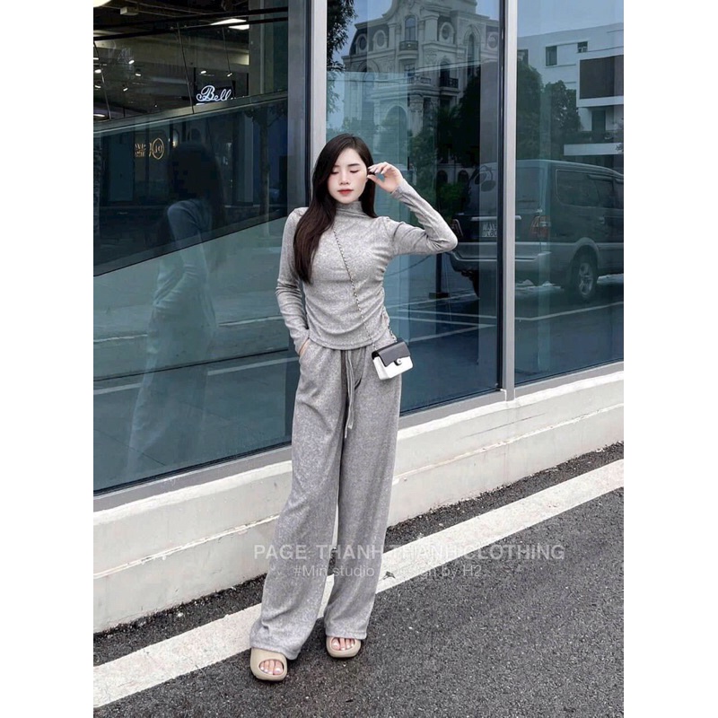 Set áo len lông rút dây rúm sườn quần xuông