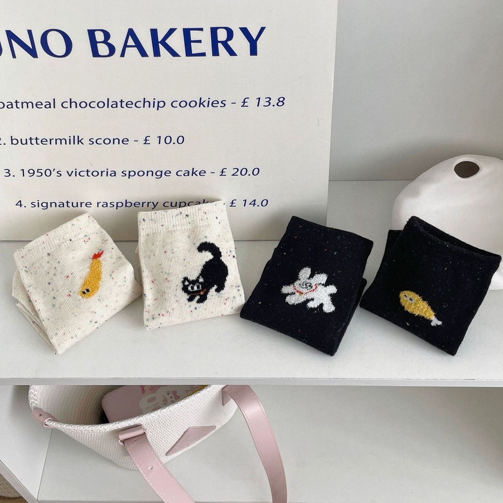 Vớ Màu Trơn Thêu Hình Mèo Ăn Cá Phong Cách Đường Phố Hàn Quốc Dễ Phối Đồ