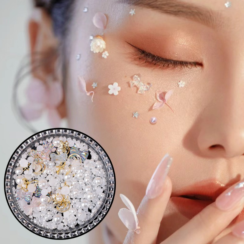 1 Hộp Nhãn Dán Trang Trí Mặt / Mắt / Cơ Thể Hình Bướm Đính Ngọc Trai Lấp Lánh diy