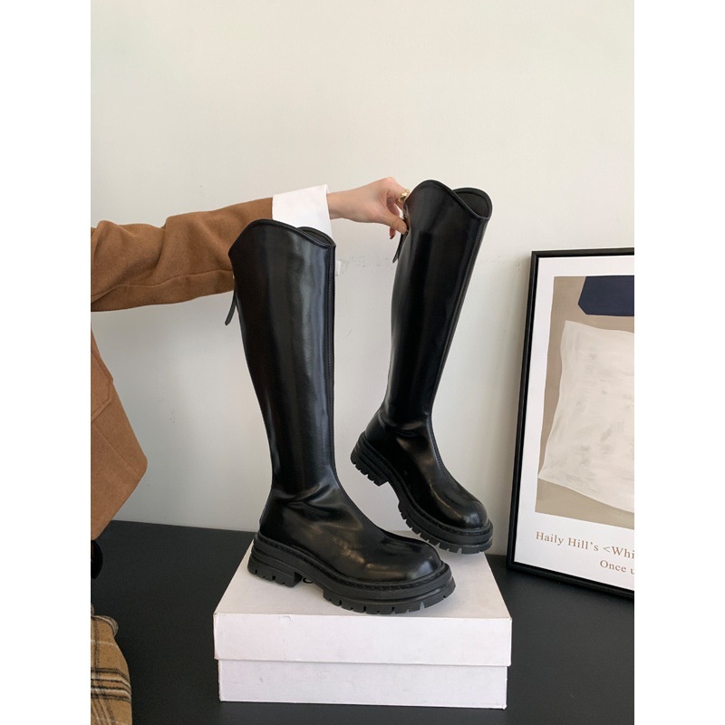 Bốt Da Bóng Đế Dày Mũi Tròn Phong Cách Hàn Quốc Thời Trang 2023 Cho Nữ