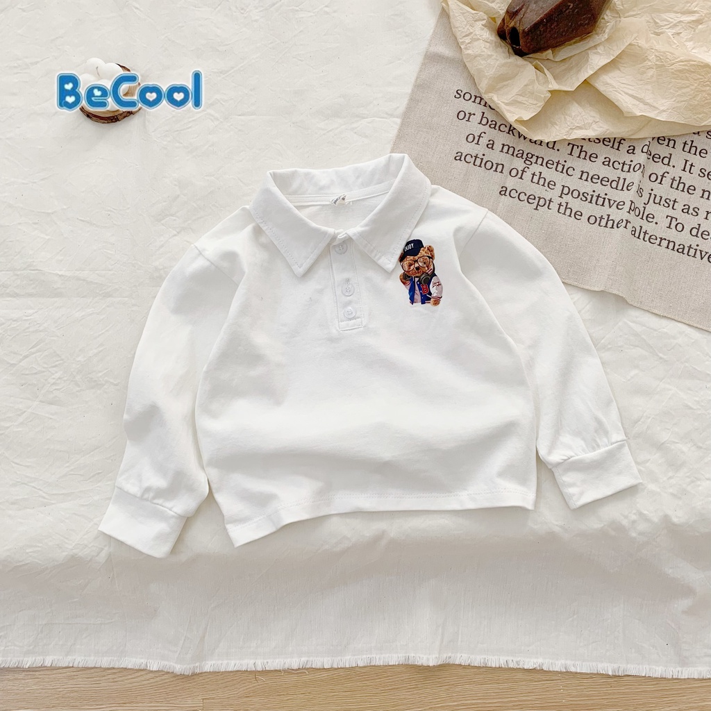 Áo Polo Cổ Bẻ In Hình Chú Gấu Cho Bé Chất Cotton Khô Cao Cấp BeCool, Áo Dài Tay Thu Đông Cho Bé Từ 10-27kg