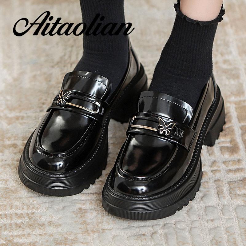 Giày Cao Gót 5.5cm Da Thật Phối Khóa Kim Loại Đơn Giản Thời Trang Anh Quốc Cho Nữ