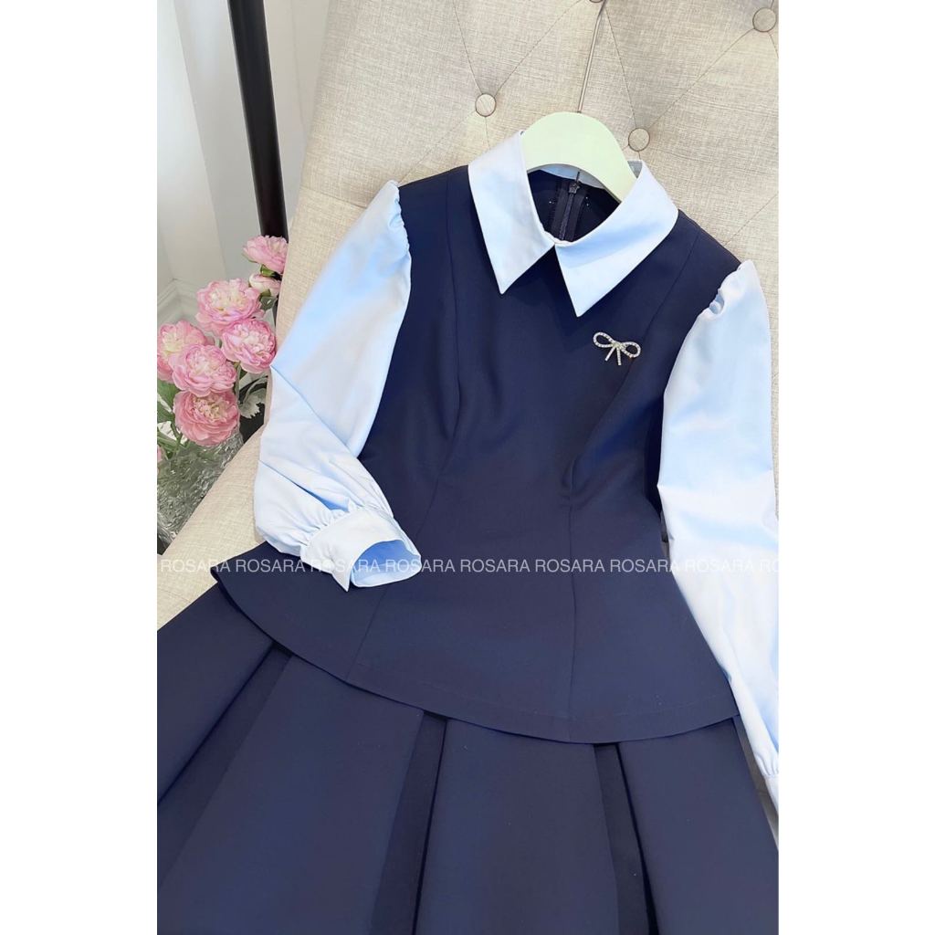 Set Áo Sơ Mi Nữ Dài Tay Kèm Chân Váy Dáng Dài Màu Xanh Tím Than Thời Trang Nữ Rosara SET58
