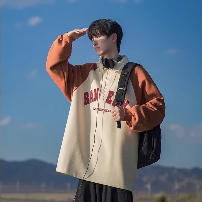 Áo Thun polo Tay Dài Dáng Rộng Có Khóa Kéo Màu Sắc Tương Phản Phong Cách Hàn Quốc Thời Trang Cho Nam