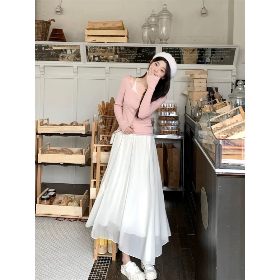 SET ÁO HỒNG LÓT CHÂN VÁY MIDI NUDE