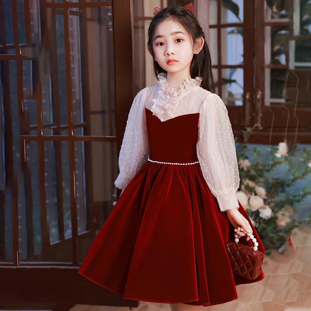 WS16 Đầm Váy Nhung Mặc Noel Và Tết Màu Đỏ Cao Cấp Cho Bé Gái Từ 8 Đến 30 Kg Chất Mềm Mại Thoáng Cho Bé Đi Dự Tiệc