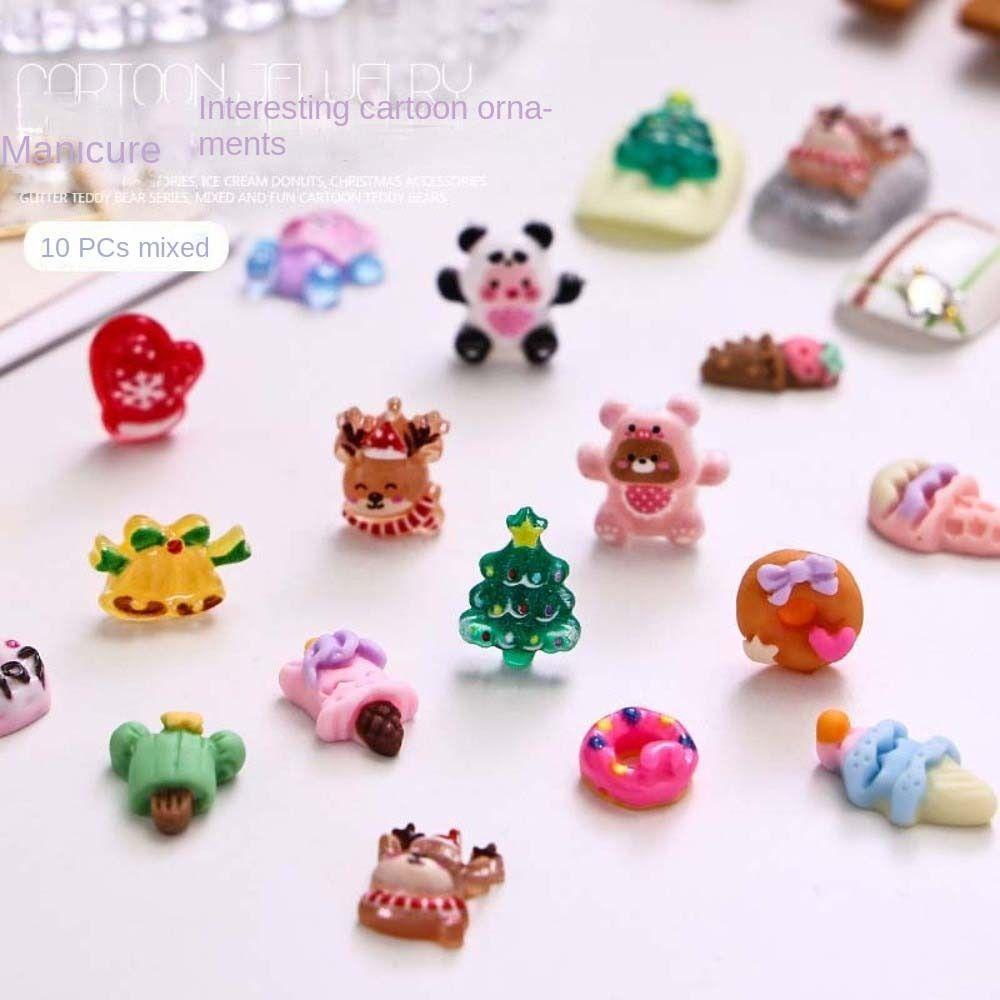 Fallforbeauty Bộ 10 Phụ Kiện Trang Trí Móng Tay Hình Ông Già Noel / Kỳ Lân / Gấu Tuyết Màu Sắc Hỗn Hợp