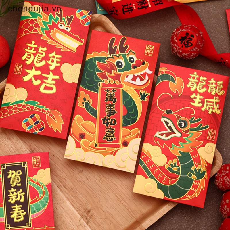 Bộ 6 Bao Lì Xì Năm Mới 2024 Họa Tiết Rồng Đỏ May Mắn diy