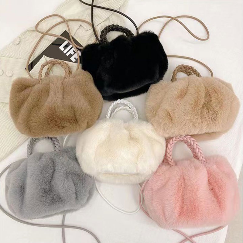 BEIBAOBAO  Mới Túi Đeo Chéo Hình Đám Mây Xếp Ly Phối Lông Dễ Thương