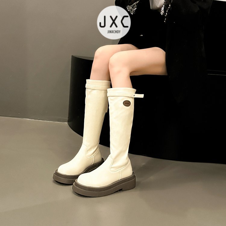 Giày Bốt Da pu Gót Thấp Mũi Tròn Phối Khóa Kéo Sau Phong Cách Anh Quốc Thời Trang Mùa Đông Cho Nữ