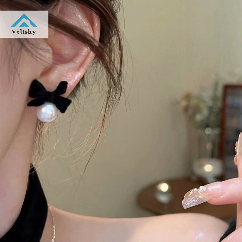 Khuyên Tai Thả Ngọc Trai Thắt Nơ Giáng Sinh Mới Màu Đỏ Cổ Điển Cho Nữ