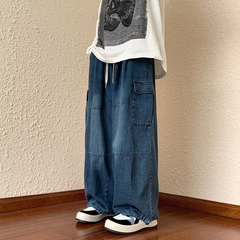 Thời Trang Quần Jean Dài Ống Rộng Màu Trơn Phối Túi Phong Cách hip hop Cá Tính Cho Nam