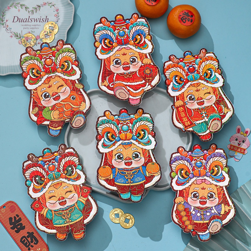 Dualswish Set 6 Bao Lì Xì Đỏ May Mắn Phong Cách Trung Hoa Họa Tiết Rồng Hoạt Hình