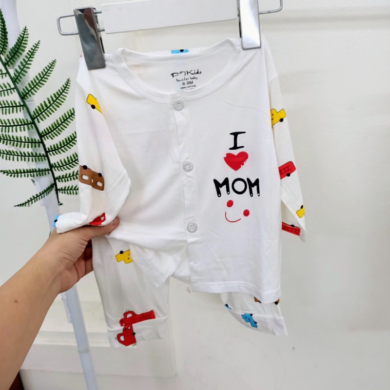 Bộ dài tay cài thẳng trắng hoạ tiết Pjkids chất thun lạnh loại 1 cho bé
