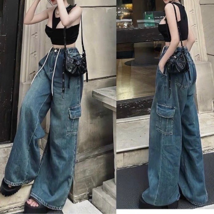 Quần jeans ống rộng túi hộp dây rút phong cách ulzzang 168.fashion 9899/936/668/9301/851