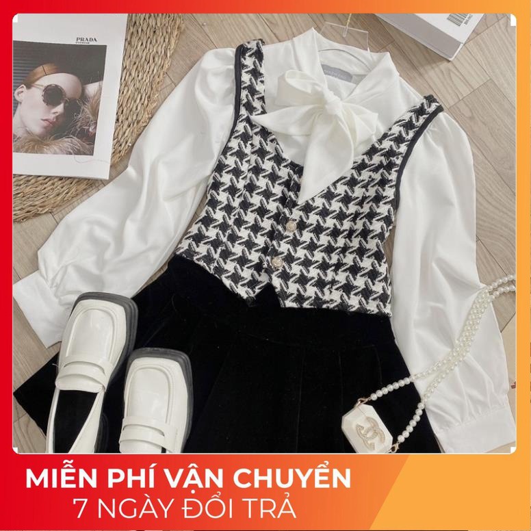 BS21 Bon Store Set Dạ 2 Món Áo Gile Kẻ Liền Sơ Mi Trong Siêu Dễ Thương phong Cách Hàn Quốc Có Ảnh Thật