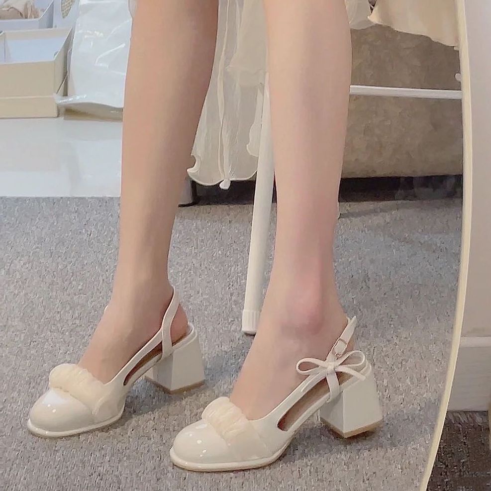 2023 Giày Cao Gót Dày Phong Cách Pháp Cổ Điển Mới