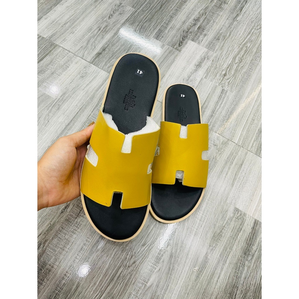 Dép lê nam quai ngang HM da Pu hình chữ H trơn sần đế phíp gỗ vàng nổi logo chữ ngựa boy phố DL41P