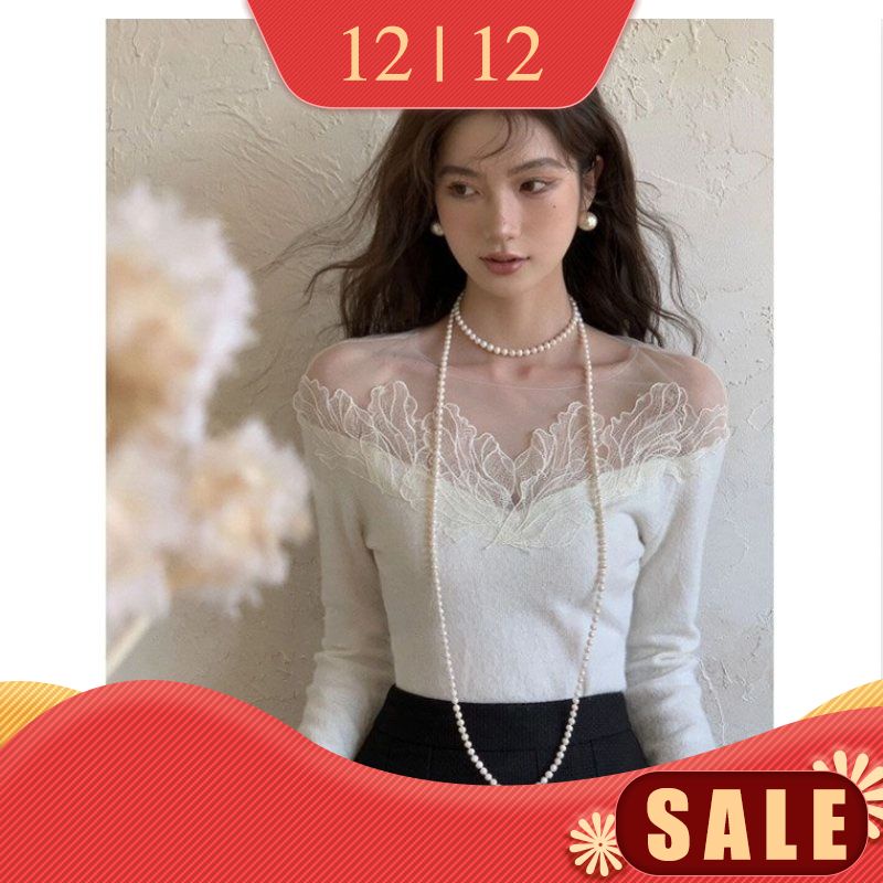 Áo Kiểu Tay Dài Trễ Vai Phối Ren Lưới Phong Cách Pháp