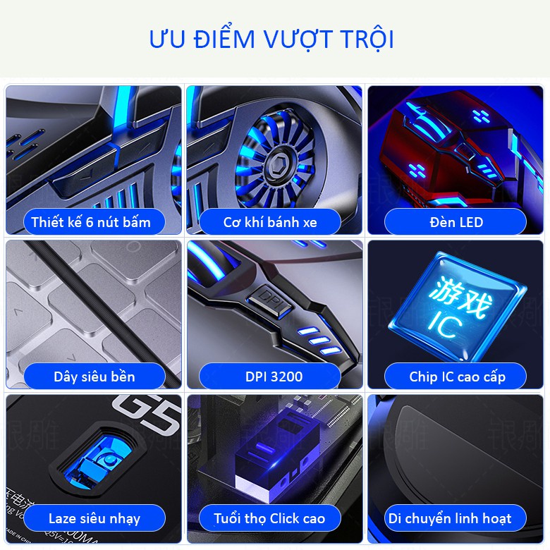 Chuột Máy Tính Chơi game 6 Nút Đèn led rgb 3200 yindiao g5s