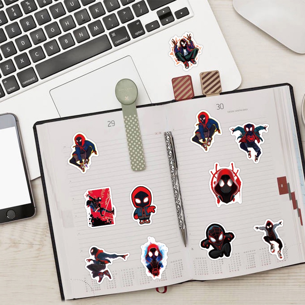 J· Hình Dán Chống Nước Miles Morales Spider-Man Phim Hoạt Hình Mũ Bảo Hiểm Máy Tính Xách Tay Hành Lý Dán Thiết Lập, 54 tờ