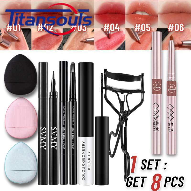 1 chiếc bút kẻ viền môi xoay mờ, 1 chiếc bút kẻ mắt, 1 chiếc bút chì kẻ lông mày, 1 chiếc Mascara không thấm nước, 1 chiếc dụng cụ uốn mi, 3 chiếc Puff mini, trang điểm cho cô gái tình yêu