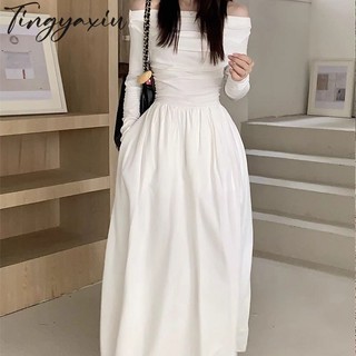 Đầm Dài Dáng Chữ A Tay Dài Trễ Vai Ôm Eo Thời Trang Cho Nữ