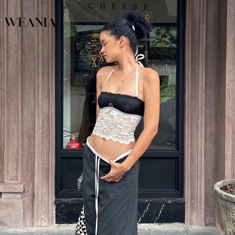 Weania Áo Tank Top Hai Dây Phối Ren Khối Màu Sắc Dành Cho Nữ