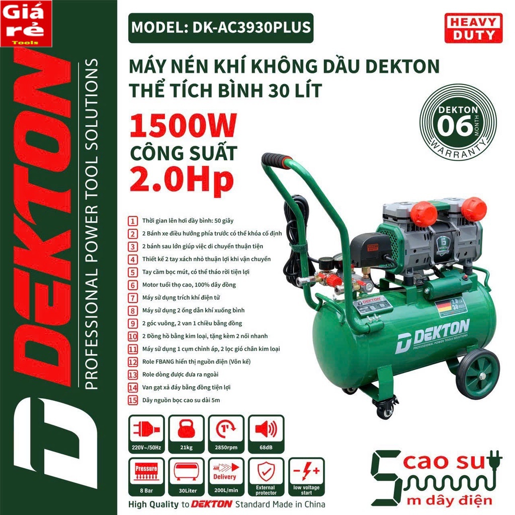 Máy Nén Khí Không Dầu Dekton DK-AC3930PLUS / 2HP/1500W/ Bình 30L - Lưu Lượng 200L/Phút TOOLS GIÁ RẺ
