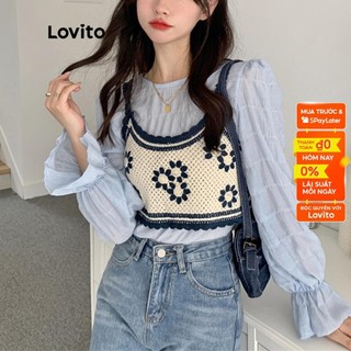 【Gợi ý từ KOL】Áo vải dệt kim Lovito có dây cột hở vai họa tiết thêu hoa phong cách boho L13x023 màu đen