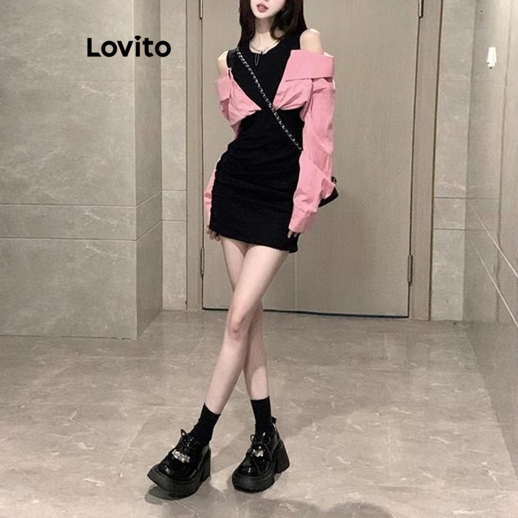 Lovito Đầm ôm sát 2in1 trơn đơn giản dành cho nữ LNA21029