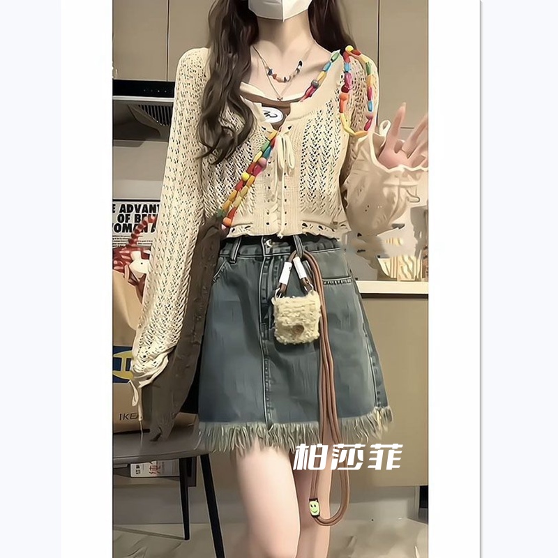 Áo Khoác cardigan Dệt Kim Giả Hai Dây Màu Trơn + Áo Thun Phong Cách Ngọt Ngào s79u