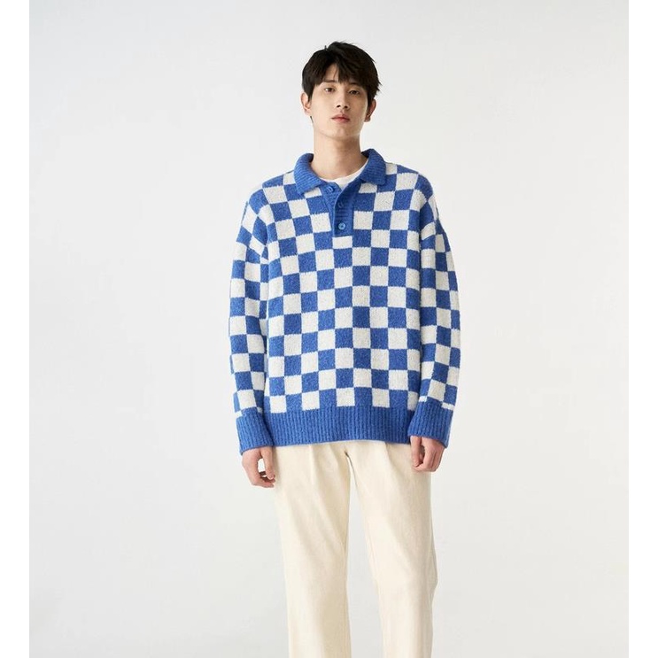 Áo Len Cổ polo Dáng Rộng Họa Tiết Caro Thời Trang Thu Đông Cho Nam