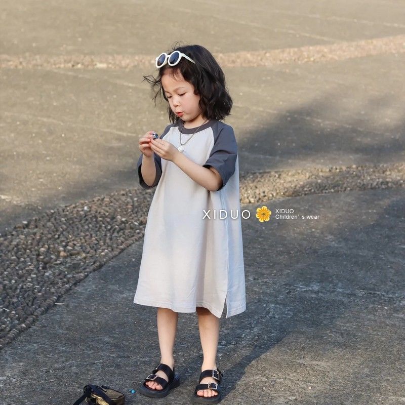 Đầm Thun Dáng Dài Rộng Thời Trang Mùa Hè Hàn Quốc 2023 Màu Sắc Tương Phản Dành Cho Bé Gái