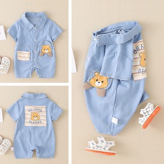 Cậu bé/cô gái mùa hè bông đẹp và thoải mái jumpsuit thời trang Hàn Quốc phim hoạt hình gấu polo ngắn tay áo onesie jumpsuit 0-24 tháng