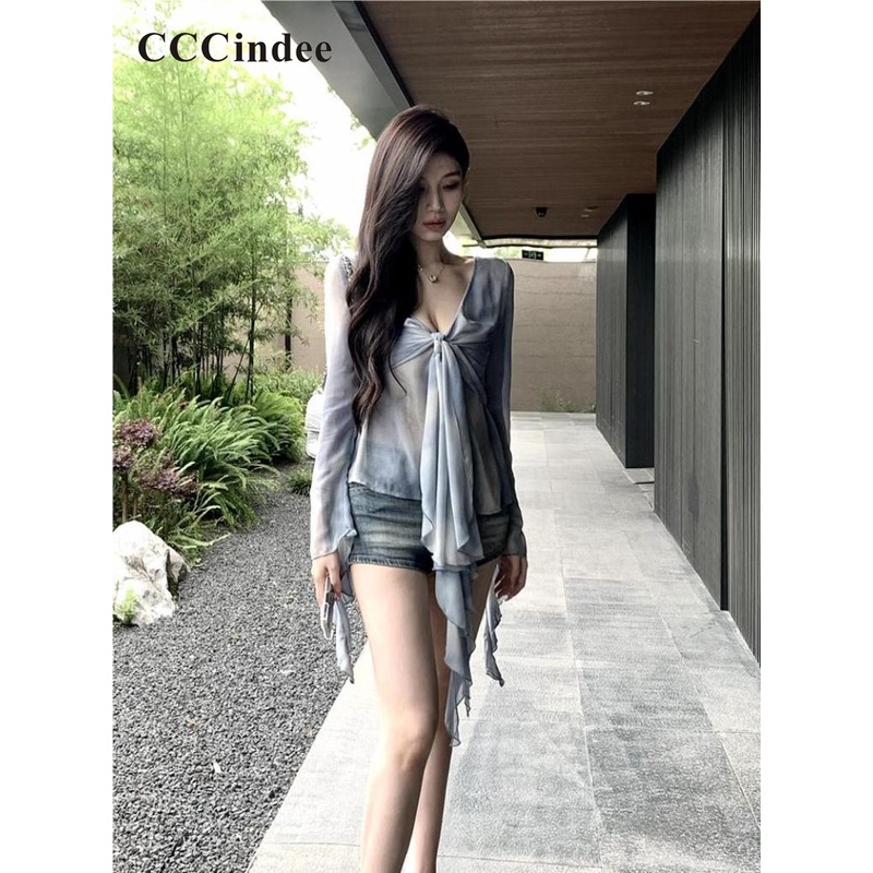 Cccindee Áo Thun Tay Dài Ống Loe Nhuộm Màu Tương Phản Thời Trang Mới 2023 Cho Nữ