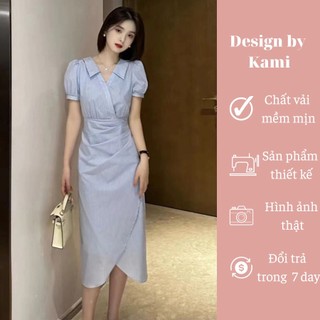 Váy công sở vạt chéo kẻ xanh sơ mi dáng dài nhún eo cổ V Sevi size S M L XL- Design by Kami