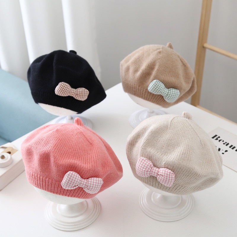 Mũ beanie Dệt Kim Co Giãn Màu Trơn Đính Nơ Thời Trang Thu Đông Cho Bé Gái 8 Tháng - 4 Tuổi