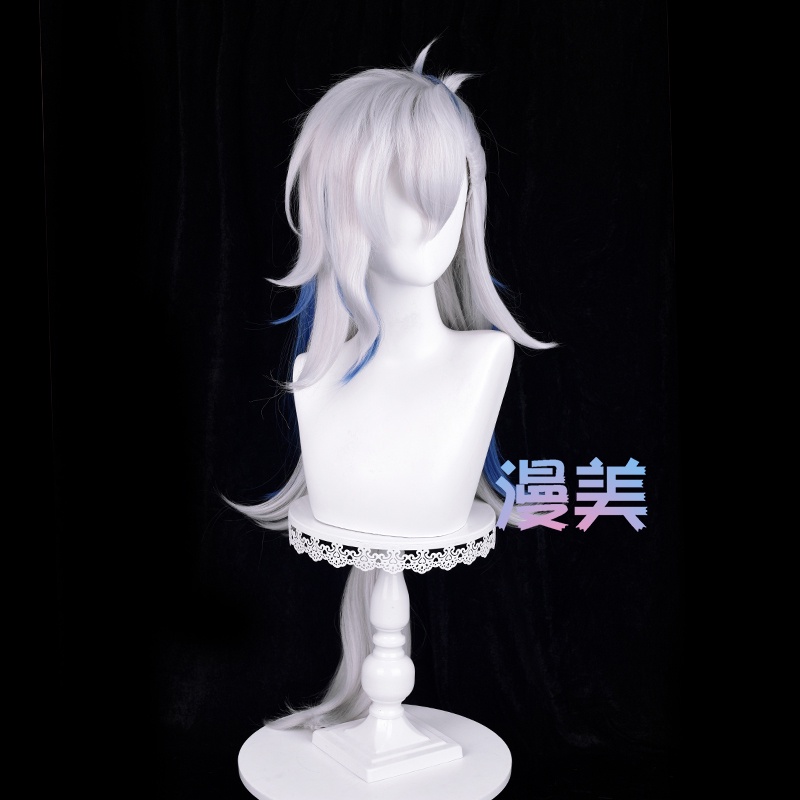 Genshin Impact Fontaine Neuvillette Cosplay Wig 100cm Long Silver White Blue Wig Cosplay Anime Wigs Heat Resistant Synthetic Wigs