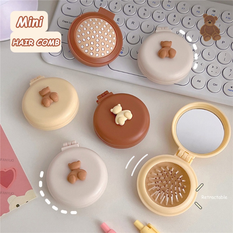 Lược Chải Tóc mini Tích Hợp Gương Tròn Chống Tĩnh Điện Thiết Kế Hình Gấu Hoạt Hình Dễ Thương