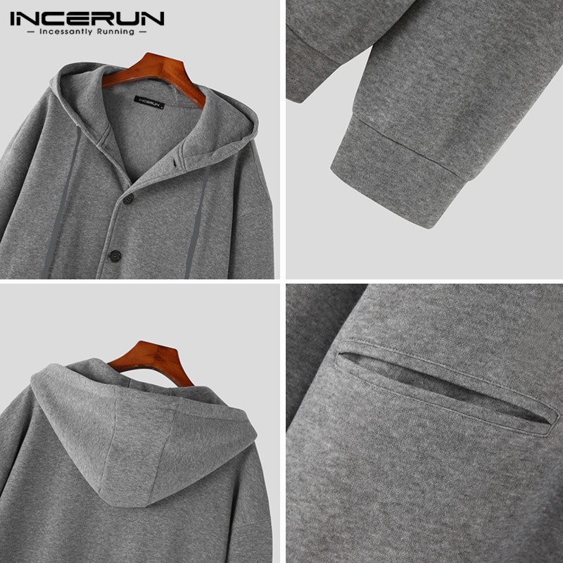 INCERUN Áo Hoodie Form Rộng Màu Sắc Đơn Giản Cho Nam