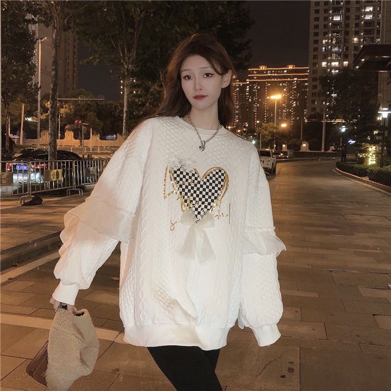 Uiowoo Áo Khoác sweater Tay Dài Dáng Rộng In Hình Trái Tim Phong Cách retro Thu Đông 2021 Cho Nữ